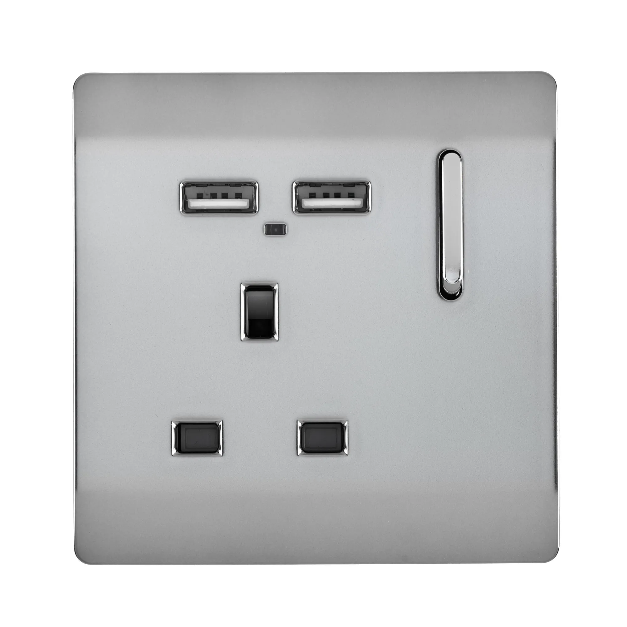 1 Gang Switched Single Socket 13A With 2 x USB-A 10W (Shared) With Neon Insert Brushed Steel